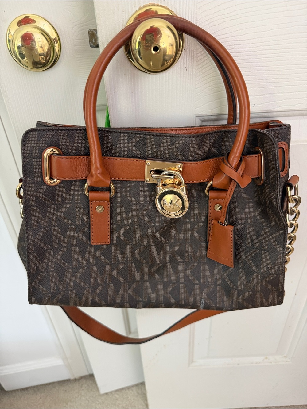 MICHAEL KORS Brown Signature MK Satchel with Cognac Trim